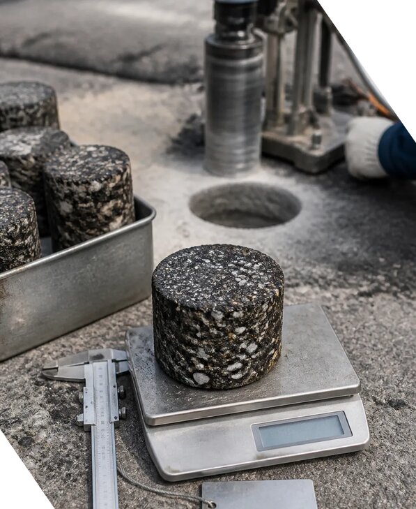 Испытание кернов асфальта в Карасуке для оценки качества покрытия